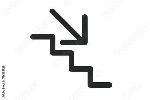 Downstairs icon with an arrow pointing down. Simple vector symbol of stairs for descent. Metaphor for decrease, failure, reduction, recession, or demotion. Linear graphic.