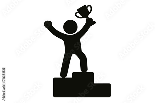 Winner on podium with trophy silhouette icon. Champion celebrating victory. First place prize concept. Success, achievement, competition leadership vector illustration.