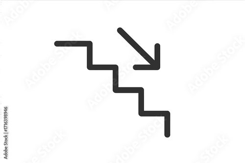 Stairs down icon. Linear vector symbol of steps with an arrow pointing down. Concept of descent, decrease, reduction, failure, crisis, recession, demotion, downgrade.