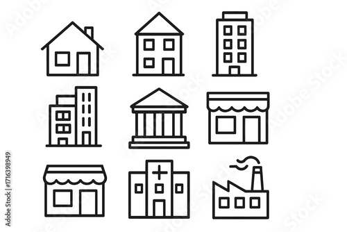 Building line icon set. Vector symbols for architecture, real estate, urban development. Pictograms of house, home, office, hospital, bank, factory, shop, store. City graphic elements.
