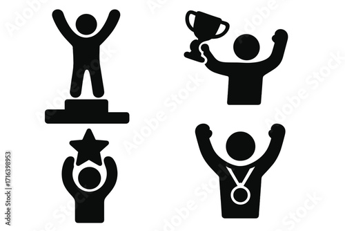 Winner icon set for victory and success. Champion silhouette on a podium, with a trophy cup, medal, and star award. Vector illustration for competition or achievement.
