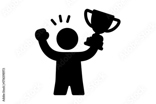 Winner silhouette holding trophy cup icon. Vector illustration of a champion celebrating success. Achievement, victory, and award concept. Man winning a competition prize.