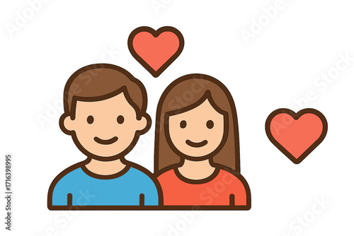 Couple in love icon. Man and woman with hearts vector illustration. Linear style cartoon characters. Symbol for dating, relationship, affection, romance, and Valentine's Day.