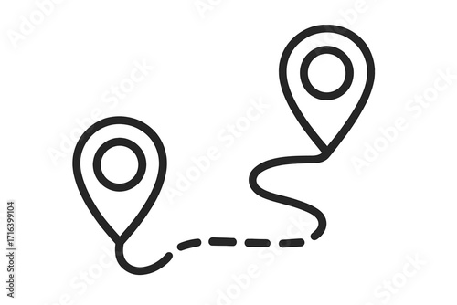 We have moved to a new address. Change of location. Route line icon with two pins. Path from start to finish. Journey, destination, road map concept. Vector for GPS navigation.