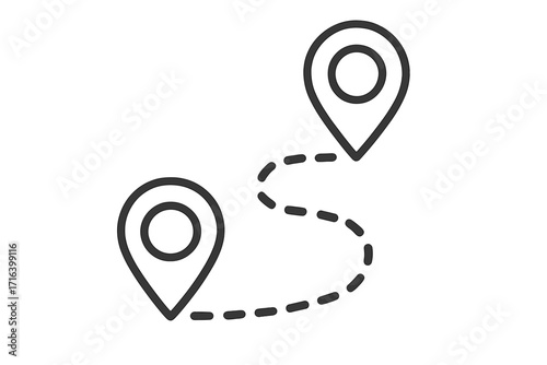 Route line icon with two location pins. From point A to B. Destination journey path. Distance track. Travel navigation symbol. Gps pointer marker. Start and finish concept.