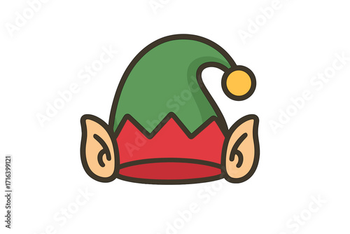 Christmas elf hat vector icon. Santa's little helper costume cap with ears. Festive holiday accessory. Cartoon illustration for Xmas. Flat design graphic element isolated.
