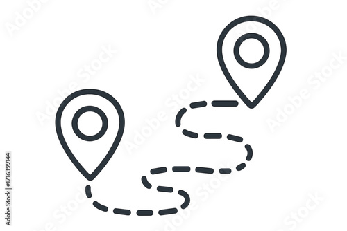 Route line icon from point A to B. Path, journey, or distance concept. Dashed line. Start and finish location pins. Navigation, GPS, and tracking symbol. Destination.