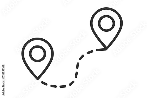Route location icon with two pins. Journey path from start to destination point. Gps navigation track. Distance tracking. Travel and trip concept. Linear vector illustration.