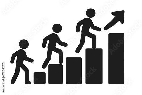 Man on stairs, career ladder. Business progress icon. Person walking up steps to success. Growth and development concept. Climbing chart diagram. Infographic design element.