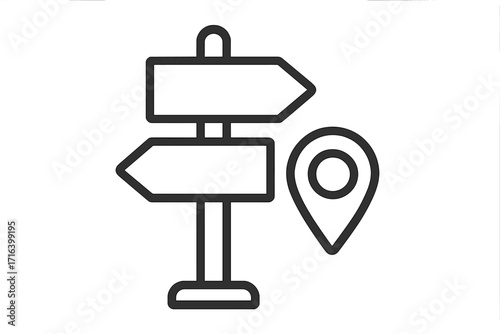 Directional signpost with location pin icon. Vector illustration for travel, navigation, hiking, and tourism. Wayfinding, choice, and destination concept. Linear symbol.