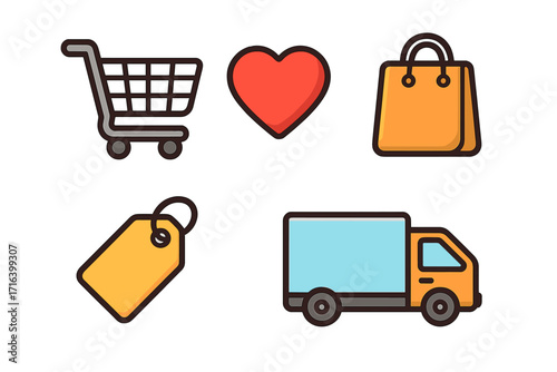 E-commerce icon collection for online shopping and retail. Vector set with shopping cart, bag, heart, price tag, and delivery truck. Flat cartoon illustration for web and app.