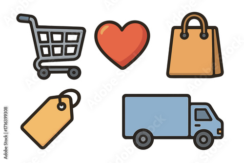 E-commerce vector icon set for online shopping and retail business. Includes shopping cart, wishlist heart, bag, price tag, and delivery truck symbol for web and app UI/UX design.