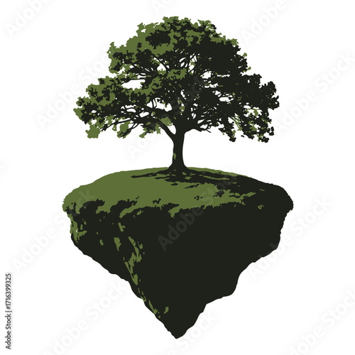 A solitary lush green tree stands proudly on a floating island of earth against a stark white background
