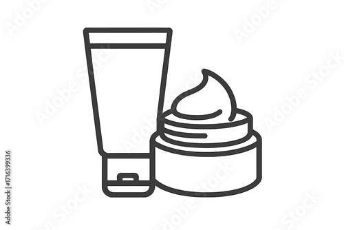 Cream icon set. Skincare cosmetic product symbol. Face or body lotion in tube and jar. Moisturizer outline vector illustration. Beauty hygiene concept. Linear style.