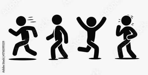 Stick figures depicting various emotional states and physical activities on white