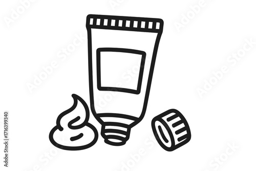 Cream tube icon for cosmetic or medical ointment. Squeezed gel, lotion or paste. Skincare, beauty product concept. Hygiene symbol. Dermatology treatment vector line art.
