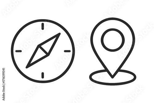 Compass and map pin icon set. Navigation, direction, and location symbols for travel and exploration. Vector line art for GPS and destination finding. Simple guide concept.