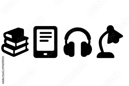 Reading learning icons set. Book stack, e-reader tablet, audiobook headphones, and desk lamp vector silhouettes. Symbols for library, bookstore, education, literature, knowledge.
