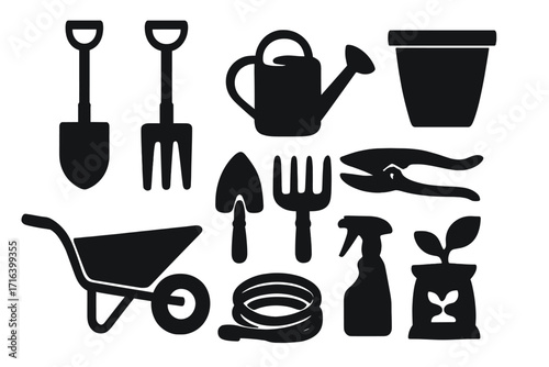Gardening tools silhouette icon set. Vector collection of garden equipment and supplies. Includes shovel, fork, watering can, pot, trowel, pruners, wheelbarrow, and hose.
