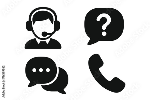 Customer service icon set. Call center support, communication signs. Operator with headset, phone, chat bubble, and question mark. Contact us, help desk, FAQ concept vector.
