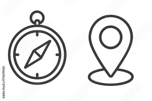 Compass and location pin icon set for travel and navigation. Vector line art illustration for direction, journey, tourism, and finding a destination. Exploration and mapping concept.