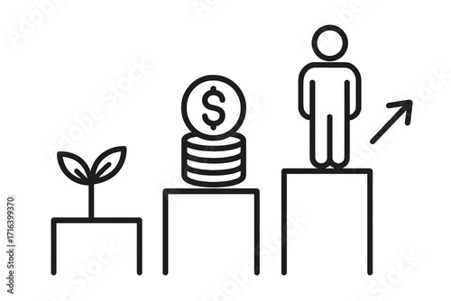 Personal and financial growth concept. Steps to success infographic. From investment and savings to career development and progress. Business evolution and achievement vector.