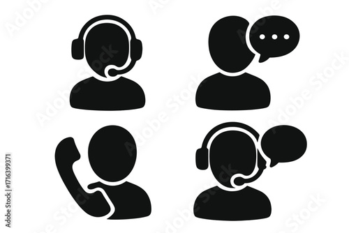 Customer support icon set. Call center agent silhouette. Communication symbol. Helpdesk operator with headset. Phone call icon. Contact us. Vector assistance service concept.