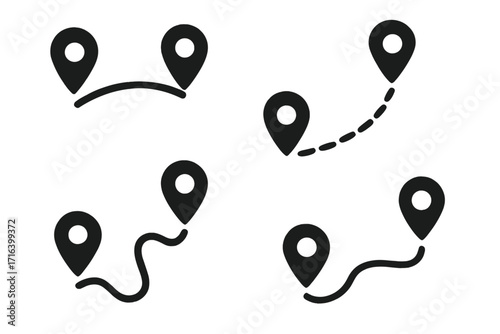 Set of location route icons. Map pins with path from start to end destination. GPS navigation track symbol. Distance, journey, trip concept. Vector silhouette illustration. Pointer.