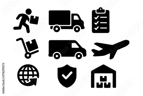 Logistics and delivery icon set. Vector silhouettes for transport, shipping, cargo services. Includes truck, van, plane, courier, warehouse, and secure worldwide freight.