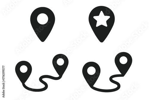 Location route icon set. Map pin pointer and destination path symbol collection. GPS navigation marker for a travel journey. Favorite place star icon. Position and distance.