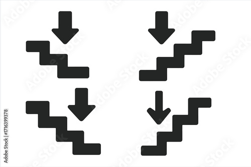 Stairs down icon set. Vector silhouette symbol for descent, crisis, or failure. Business concept of demotion, recession, or decrease. Arrow pointing down the staircase.