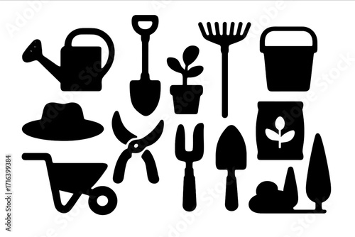 Set of black silhouette icons for gardening and landscaping. Vector illustration of garden tools and supplies like a shovel, rake, and watering can. Farming equipment.