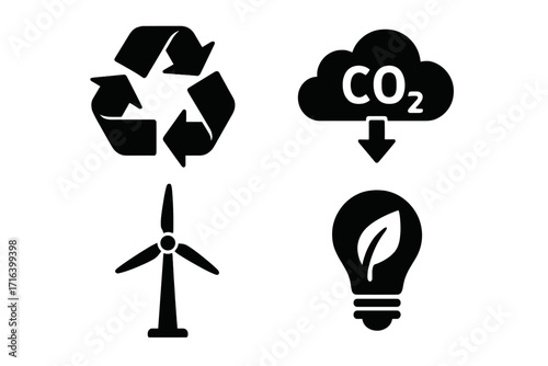 Sustainable eco icons set. Recycling symbol, CO2 carbon reduction, renewable wind energy, green power idea. Ecology, environment, climate change vector silhouette graphics.