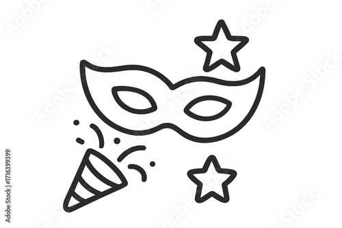 Carnival mask and party popper icon. Celebration concept with confetti and stars. Masquerade costume for a festival, New Year's Eve, or birthday. Fun linear vector illustration.