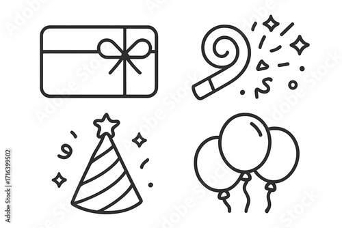Party line icon set. Birthday celebration linear symbols. Gift card, party hat, balloons, and horn blower with confetti. Minimalist vector graphic for event design.