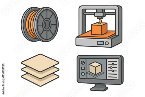 3D printing vector icon set. Additive manufacturing technology process. Includes printer, filament, layers, and 3D modeling software interface. Rapid prototyping cartoon elements.