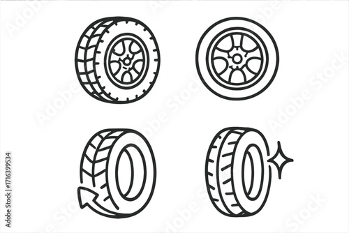 Vector set of car wheels and tires with linear design, tire rotation symbol, clean and shiny tire illustration, auto parts, vehicle maintenance, automotive repair concept