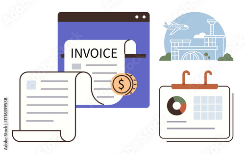 Online invoice displayed on a webpage with currency coins, detailed documents, pie-chart calendars, and airport terminal symbolism. Ideal for finance, e-commerce, booking, logistics, scheduling