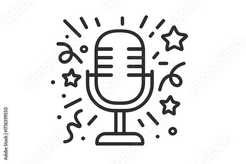 Microphone icon for party event. Karaoke night or stand up comedy show concept. Retro mic for podcast, broadcast, or singing performance. Celebration vector line symbol.