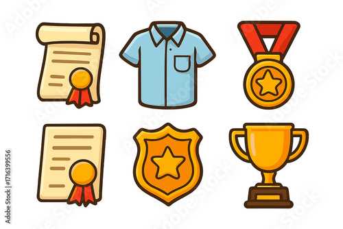 Achievement vector icons set. Cartoon illustration of award, trophy, medal, diploma, certificate, prize, and honor badge. Symbols for winner, success, and competition.