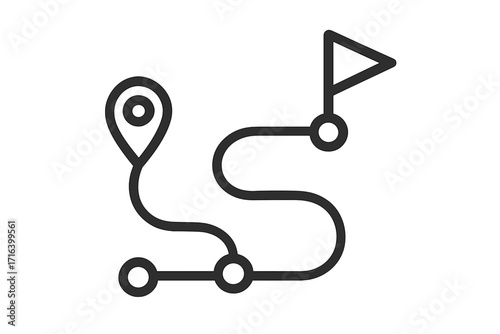 Route location icon with map pin and finish flag. Journey path with waypoints. Location, destination, distance concept. GPS navigation track symbol for travel roadmap.