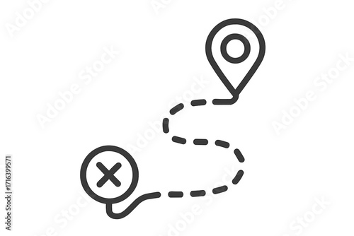 Route change or trip cancellation icon. Journey path from start to a different destination. Map pin, location marker, and cross. GPS navigation concept vector illustration.