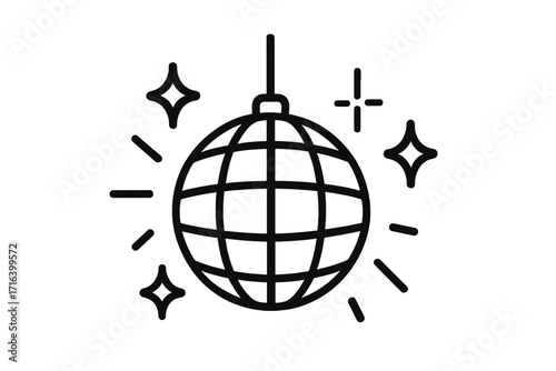 Disco ball icon. Party celebration symbol. Nightclub dance music event sign. Retro 70s mirror ball. Simple line art vector illustration. Festive shiny sparkling glitter logo.