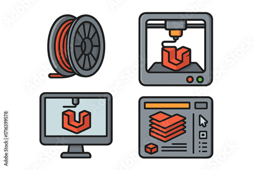 3D printing technology icon set with printer, filament spool, computer monitor with 3D model, and layering interface. Vector cartoon for additive manufacturing and prototyping.