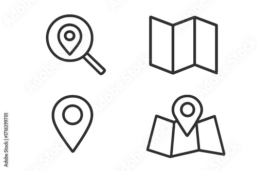 Location icon set with pointer and map. Vector linear symbols for navigation and GPS. Geolocation pin, destination marker, and search sign. Travel and direction concepts.