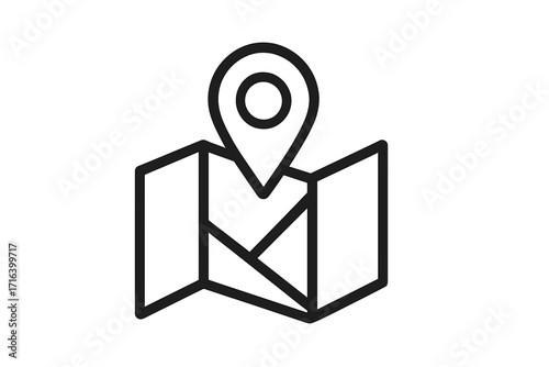 Pointer icon on a folded map. Location pin symbol for navigation and direction. GPS marker for finding a destination, address or place. Simple linear vector illustration.
