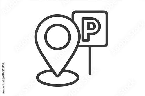 Parking location pointer icon. Car park sign with P letter symbol. Find a parking spot concept. GPS navigation marker for map destination. Vector linear illustration isolated.