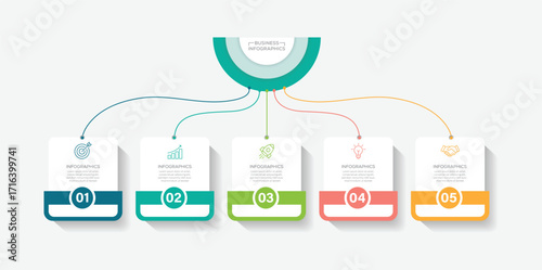 Modern Business Infographic template with square shape. 5 Step timeline journey. Can be used for process diagrams, presentations, workflows. 