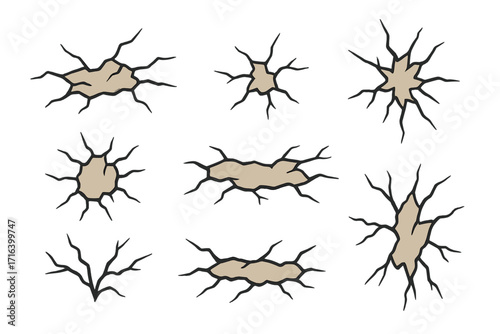 Ground cracks vector set. Cartoon illustration of dry earth or damaged wall texture. Abstract collection of splits, holes, and destruction from earthquake or drought.
