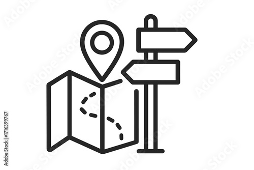 Travel and navigation linear icon. Map with route and location pin pointer. Road signpost with arrows representing choice, direction, journey and finding a destination.